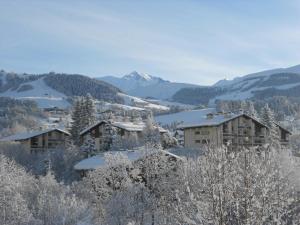 a town in the snow with mountains in the background at Appartement les 4 Monts in Megève