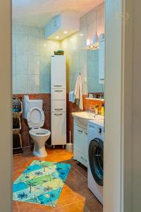 a bathroom with a toilet and a sink and a washing machine at Apartment Stephanie Blue in Ohrid