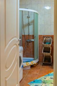 a bathroom with a shower with a crib in it at Apartment Stephanie Blue in Ohrid