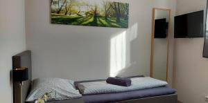 a room with a bed with a picture on the wall at Pension DELAGERA in Großmehring