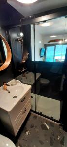 e bagno con servizi igienici, lavandino e doccia. di Studio Le 119, Aix les bains - Grand port - Vue Lac splendide ad Aix-les-Bains
