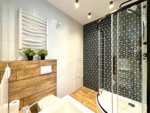 a bathroom with a shower and a toilet and a tub at Copernicus Street Apartment - Twin Peaks in Toruń