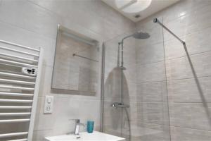 une salle de bain avec douche et lavabo dans l'établissement Appartement T2 Centre-ville Entièrement rénové, à Reims 11 autres photos