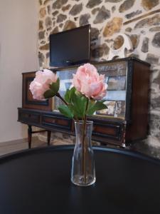 a vase with pink flowers sitting on a table at Mandal Cottage in Samothraki