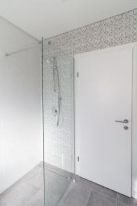 eine Dusche mit Glastür im Bad in der Unterkunft B & R Summer breeze apartments in Nin
