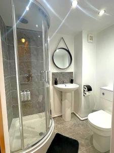 uma casa de banho com um chuveiro, um WC e um lavatório. em The Old Smithy em Trefriw