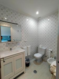 a bathroom with a toilet and a sink and a mirror at Hotel Rompeolas in Baiona