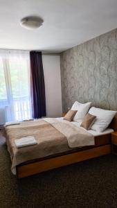 a bedroom with a large bed with two pillows at Horský hotel Eva in Tvrdošín