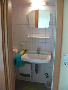 a small bathroom with a sink and a mirror at Pension zur Einkehr in Allersberg