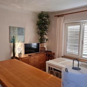 a living room with a flat screen tv and a table at Haus Mandarina in Rab