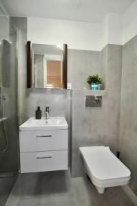 a bathroom with a sink and a toilet and a shower at Fala Dziwnow in Dziwnów +45 photos