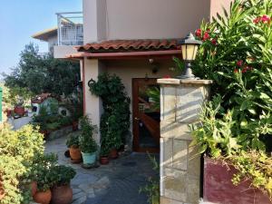 a house with potted plants in front of a door at Bay Holiday Hotel & Spa in Karavómilos