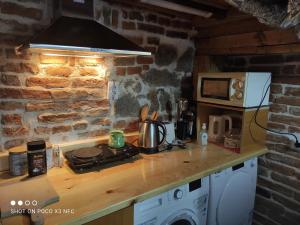 a kitchen counter with a stove and a microwave at Guest House Antika in Prilep