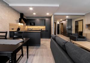 Gesto Apartments في براغ: مطبخ وغرفة معيشة مع أريكة وطاولة