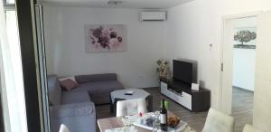 ein Wohnzimmer mit Sofa und Fernseher in der Unterkunft Holiday apartments Cecilija in Supetarska Draga