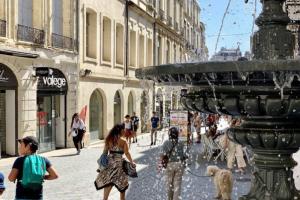 uma fonte no meio de uma rua com pessoas andando em Appartement Idéal en centre ville em Montpellier