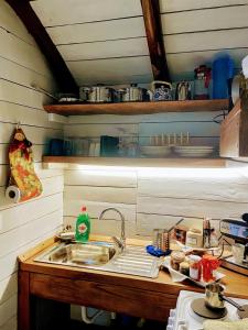 a kitchen with a sink and a counter top at Archontiko Iosif in Tsagarada