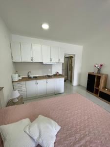 une chambre avec un lit et une cuisine avec des placards blancs dans l'établissement Lake View Tašić, à Veliko Gradište