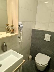 La salle de bains est pourvue de toilettes blanches et d'un lavabo. dans l'établissement BoNiToS, SOBE-ROOMS, à Slavonski Brod