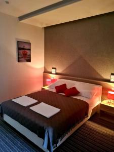 a bedroom with a large bed with red pillows at BoNiToS, SOBE-ROOMS in Slavonski Brod