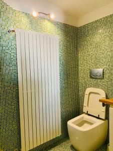 een badkamer met een toilet en een groene betegelde muur bij Appartamento con vista sul Gargano in Vico del Gargano