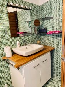 een badkamer met een wastafel en een spiegel bij Appartamento con vista sul Gargano in Vico del Gargano