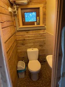 a small bathroom with a toilet and a window at Namelis - pirtelė in Plateliai