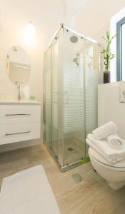 un bagno con doccia in vetro e WC di Kurlender Guest House a Sheʼar Yashuv
