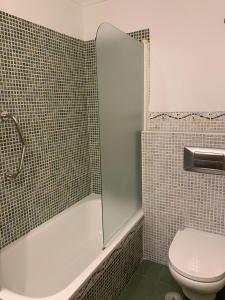 een badkamer met een toilet en een glazen douche bij apartamento centrico silencioso in Nerja
