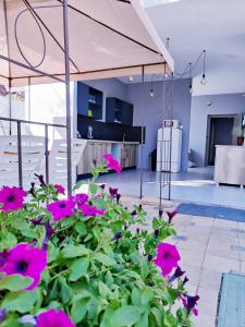 a kitchen with pink flowers in the foreground at Zatokas Sun Club in Zatoka