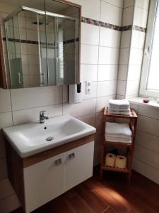 ein Bad mit einem Waschbecken und einem Spiegel in der Unterkunft Bergblick in Golling an der Salzach
