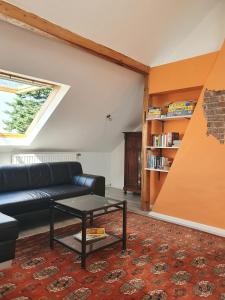 ein Wohnzimmer mit einem Sofa und einem Couchtisch in der Unterkunft Helle, moderne Altbauwohnung in Zentrumsnähe in Osnabrück
