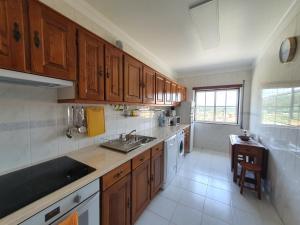 a large kitchen with wooden cabinets and a sink at Lousã's Brown & White in Lousã