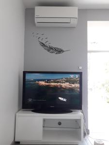 einen Flachbild-TV auf einem weißen Entertainment-Center in der Unterkunft au cœur des pins in Cap d'Agde