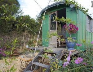 una pequeña casa verde con porche y flores en Une roulotte à la campagne en Saint-Just-et-Vacquières