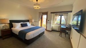 Dormitorio con cama, escritorio y TV en Grand Arden Monaco Nelson, en Nelson