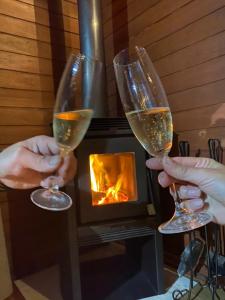 two people holding wine glasses in front of a fireplace at Bangalô dos Alpes de São Chico in São Francisco de Paula