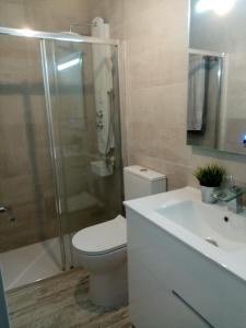 uma casa de banho com um WC, um chuveiro e um lavatório. em Beach Apartments Old Town em Estepona