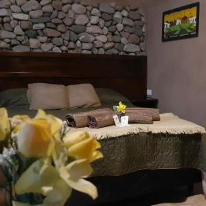 1 dormitorio con 1 cama con pared de piedra en Hostal Sisabel en Tinogasta
