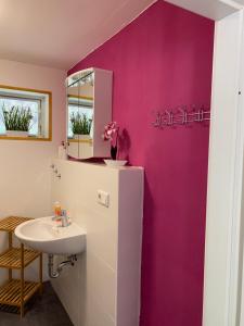 baño con lavabo y pared púrpura en Geisingblick, en Geising