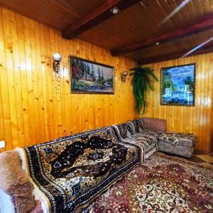 een woonkamer met een bank en houten wanden bij Садиба" У Василя" in Volovets