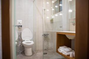 a bathroom with a toilet and a glass shower at 逢春園Feng Chun Villa in Datong