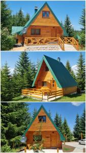 two pictures of a wooden cabin with a green roof at Hedonist Village in Žabljak
