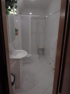 a white bathroom with a shower and a sink at Třílůžkový pokoj Pension Kubů in Špindlerův Mlýn