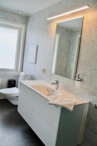 a bathroom with a sink and a mirror and a toilet at Krokstrand Fjellpark AS in Storforshei