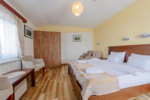 una habitación de hotel con una cama grande y una silla en Hotel Zlatni bor, en Žabljak