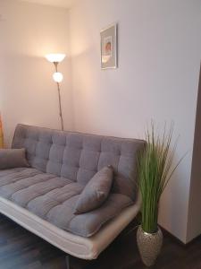 a couch in a living room with a plant at Kurhotel Anders in Bad Füssing