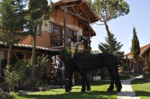 a statue of a black horse in front of a house at Hospedium Hacienda Las Cavas in Olmedo
