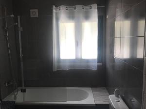 uma casa de banho com uma banheira, uma janela e um chuveiro em Recanto da Serra em Porto de Mós