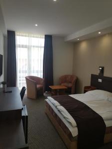 ein Hotelzimmer mit einem Bett, einem Schreibtisch und Stühlen in der Unterkunft Hotel Tagore in Balatonfüred